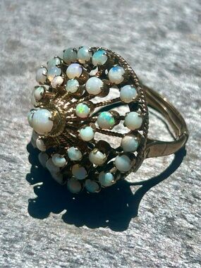Large Stunning Vintage Solid Yellow Gold Opal Cluster Cocktail Dome Ring.